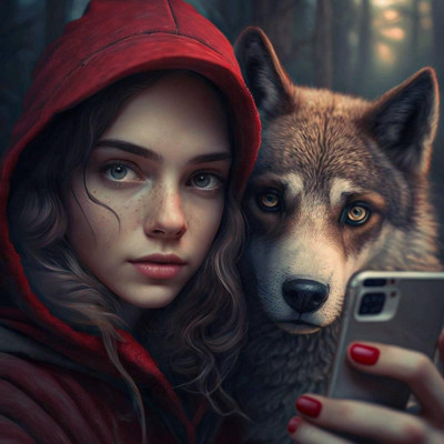 Midjourney: Redcap takes a selfie with the wolf