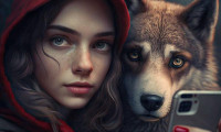 Midjourney: Rotkäppchen macht ein Selfie mit dem Wolf.