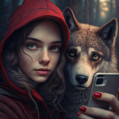 Midjourney: Rotkäppchen macht ein Selfie mit dem Wolf.